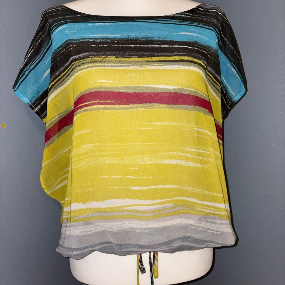 Striped Short Sleeve Women’s Blouse in Yellow and Teal